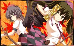  2girls bad_id bad_pixiv_id black_hair blush brown_hair cellphone checkered_clothes checkered_skirt dress_shirt hat highres himekaidou_hatate long_hair multiple_girls necktie phone red_eyes shameimaru_aya shirt short_hair skirt smile tokin_hat touhou twintails yappen yellow_eyes 