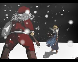  alice_margatroid bad_id bad_pixiv_id battle beegle blonde_hair blood chainsaw club_(weapon) duel female grey_hair hat letterboxed mixed_gender_duel night ribbon santa_claus santa_costume shadow snowing touhou weapon 