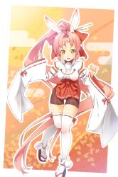  adapted_uniform animal_ears bike_shorts commentary_request detached_sleeves female green_eyes hakama japanese_clothes kazuma_(kazumav) kimono long_hair miko original pink_hair ponytail rabbit_ears red_hakama ribbon-trimmed_sleeves ribbon_trim sandals short_kimono smile solo thighhighs very_long_hair white_kimono white_sleeves white_thighhighs zouri 