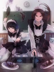  2girls bad_food bad_id bad_pixiv_id black_hair brown_hair clock competition cooking frying_pan inaeda_kei long_hair maid maid_headdress multiple_girls original photoshop_(medium) plate school short_hair stove 