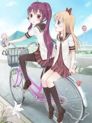  3girls :o bad_id bad_pixiv_id bag basket bicycle bicycle_basket bicycles_only_sign black_pantyhose black_socks blonde_hair blood blue_eyes blush bow day dress excessive_nosebleed flower guard_rail hairbow hill ikeda_chitose kneehighs lily_(flower) loafers long_hair looking_at_another looking_back motion_blur mountain mountainous_horizon multiple_girls multiple_riders nanamori_school_uniform nosebleed open_mouth outdoors pantyhose photoshop_(medium) pleated_dress purple_eyes purple_hair riding road road_sign sailor_collar sailor_dress school_bag school_uniform serafuku shoes short_hair short_sleeves sidesaddle sign sky socks street sugiura_ayano toshinou_kyouko traffic_barrier umeboshitora very_long_hair walking white_flower white_lily yuru_yuri 