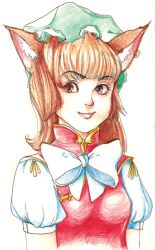  animal_ears bow cat_ears chen colored_pencil commentary_request earrings female hat jewelry lips pencil short_hair smile solo touhou traditional_media twinkle-journey upper_body 