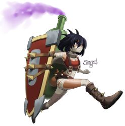  bandages black_hair boots bottle breasts character_name commentary english_commentary female full_body gas genderswap_(mtf) league_of_legends mask medium_breasts metal pikaboots pouch purple_eyes rule_63 running shield short_hair singed solo spikes tank_top transparent_background 