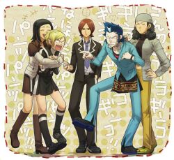  2boys 3girls amano_maya angry arguing bandana black_hair blonde_hair blue_hair boots brown_hair choker curly_hair hand_on_own_hip kasugayama_high_school_uniform kneehighs lighter lisa_silverman long_hair looking_at_viewer mayuzumi_yukino mishina_eikichi multiple_boys multiple_girls necktie open_mouth pale_skin parted_bangs persona persona_2 persona_2_tsumi school_uniform seven_sisters_high_school_uniform shirt short_hair skirt smile socks spiked_hair suou_tatsuya sweatdrop tenchi11 tied_hair wall_of_text white_shirt 