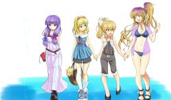  4girls :d adapted_costume alice_margatroid alternate_hairstyle arms_behind_back asymmetrical_legwear bad_id bad_pixiv_id bare_shoulders belt bikini blonde_hair blue_eyes boots casual contemporary crescent cross-laced_footwear doll dress frown gradient_hair hijiri_byakuren holding_hands jacket jacket_over_swimsuit kirisame_marisa lace-up_boots long_hair loose_thighhigh moss_(sphere211) multicolored_hair multiple_girls navel no_headwear open_mouth patchouli_knowledge ponytail purple_eyes purple_hair see-through shanghai_doll short_hair shorts side_ponytail single_sock single_thighhigh smile sock_pull socks swimsuit thigh_gap thighhighs touhou two-tone_hair uneven_legwear white_socks white_thighhighs yellow_eyes 