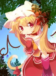  adapted_costume alternate_wings animal_ears arm_warmers bad_id bad_pixiv_id blonde_hair bow cat_ears cat_tail female finger_to_mouth flandre_scarlet hat hat_with_ears heart heart-shaped_pupils kemonomimi_mode leaning_forward nochita_shin red_eyes short_hair solo symbol-shaped_pupils tail tail_bow tail_ornament touhou wings 