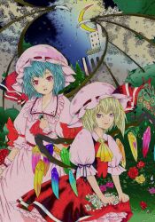  2girls ascot bat_wings blonde_hair blue_hair brooch bush commentary_request crescent_moon cross dripping flandre_scarlet flower frilled_shirt_collar frills grey_wings hat jewelry looking_at_viewer marumero33 mob_cap moon multiple_girls night open_mouth outdoors petticoat photoshop_(medium) pink_eyes pink_flower pink_headwear puffy_sleeves red_ascot red_eyes red_flower remilia_scarlet siblings sisters skirt_basket sleeves_past_elbows smile smirk spread_wings torn_wings touhou white_flower wings wrist_cuffs yellow_ascot yellow_flower 