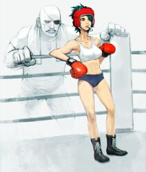  boxing boxing_gloves boxing_helmet boxing_ring breasts buruma eye_patch eyepatch large_breasts short_hair shorts sports_bra sweat towel 