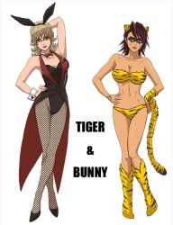  2girls animal_costume animal_ears animal_print bad_id bad_pixiv_id barnaby_brooks_jr. blonde_hair bow bowtie brown_eyes brown_hair english_text fishnet_pantyhose fishnets genderswap_(mtf) glasses green_eyes kaburagi_t._kotetsu mask midriff multiple_girls navel pantyhose playboy_bunny rabbit_ears rule_63 striped tail tiger_&amp;_bunny tiger_costume tiger_ears tiger_print tiger_tail ungo 