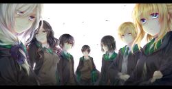  5boys aged_down bad_id bad_pixiv_id bellatrix_lestrange black_hair blonde_hair commentary_request draco_malfoy harry_potter_(series) highres hogwarts_school_uniform letterboxed long_hair lucius_malfoy multiple_boys narcissa_malfoy regulus_arcturus_black school_uniform severus_snape short_hair slytherin time_paradox tom_marvolo_riddle wand white_hair wizarding_world yuuna_minato 