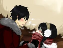  1boy avatar avatar:_the_last_airbender black_hair blind blush cold couple duo earmuffs eye_contact eye_direct female fur_trim gloves heavy_breathing jacket looking_at_another mittens nickelodeon panting scarf size_difference toph toph_bei_fong yellow_eyes zuko 