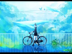  animal aqua_hair bicycle bird cloud commentary female flying_whale full_body hatsune_miku headphones highres irena kneehighs letterboxed long_hair outdoors photoshop_(medium) profile railing reflection scenery socks solo surreal vocaloid walking whale 