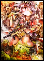  armband bandage_over_one_eye bandages bandaid caterpillar cityscape cross duplicate expressionless female gun hade_na_kangofu hat kriss_vector original plant potted_plant red_cross safety_pin slime_(substance) solo submachine_gun weapon zipper 