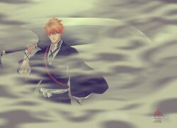  bad_ass big_sword bleach brown_eyes chains epic ioshik kurosaki_ichigo male manga mist official_art orange_hair shinigami shonen_jump short_hair solo sword zangetsu 