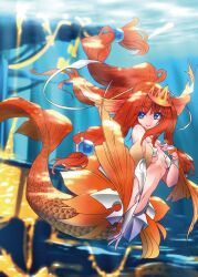  armor bikini_armor blue_eyes bridgeless_bra commentary_request female garuku hand_on_own_chest light_rays long_hair mermaid monster_girl navel original photoshop_(medium) red_hair smile solo sunbeam sunlight underwater 