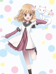  blonde_hair commentary_request crossover dress female katou_emiri kyuubee layered_sleeves leshade_entis long_sleeves mahou_shoujo_madoka_magica mahou_shoujo_madoka_magica_(anime) nanamori_school_uniform oomuro_sakurako open_mouth photoshop_(medium) sailor_dress school_uniform serafuku short_hair short_over_long_sleeves short_sleeves solo voice_actor_connection yuru_yuri 