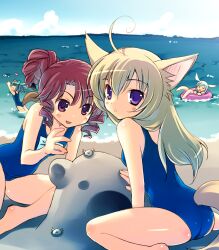  4girls animal_ears ass bad_id bad_pixiv_id beach blonde_hair character_request day dog_ears elin from_behind innertube long_hair looking_back mame-p multiple_girls ocean one-piece_swimsuit outdoors photoshop_(medium) purple_eyes rabbit_ears school_swimsuit swim_ring swimsuit tail tera_online water 