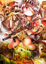  armband bad_id bad_pixiv_id bandage_over_one_eye bandages bandaid caterpillar cityscape cross expressionless female gun hade_na_kangofu hat kriss_vector original plant potted_plant red_cross safety_pin slime_(substance) solo submachine_gun weapon zipper 