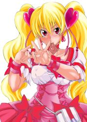  blonde_hair blush bow breasts choker collarbone commentary_request condom condom_in_mouth cure_peach earrings female fresh_precure! hair_ornament heart heart_hair_ornament jewelry large_breasts long_hair magical_girl momozono_love mouth_hold penetration_gesture photoshop_(medium) pink_choker pink_wrist_cuffs pouch precure red_bow red_eyes shirantakashi simple_background solo twintails white_background wrist_cuffs wristband 