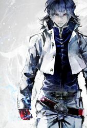  1boy arms_at_sides banpai_akira belt big_bang_beat black_hair buttons clenched_hand closed_mouth commentary_request cowboy_shot cropped_jacket dai_(series) daibanchou electricity flipped_hair gloves grey_background hair_between_eyes highres jacket jitome light_smile long_sleeves male_focus medium_hair open_clothes open_jacket pants popped_collar red_eyes red_gloves sanpaku solo turtleneck unbuttoned v-shaped_eyebrows white_jacket white_pants zanma_rouga zipper 