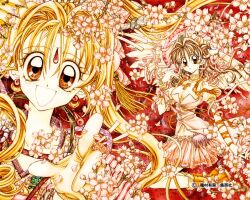  1990s_(style) 2girls alternate_costume angel angel_wings arm_warmers blonde_hair boots brown_eyes brown_hair cherry_blossoms cover doughnut_hair_bun dual_persona earrings flower gloves hair_bun hands hat japanese_clothes jewelry kaitou_jeanne kamikaze_kaitou_jeanne kimono kneeling kusakabe_maron long_hair multiple_girls official_art official_wallpaper petals photoshop_(medium) pleated_skirt retro_artstyle ribbon short_sleeves skirt tanemura_arina traditional_media turtleneck wings 