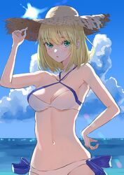  :o alternate_hairstyle artoria_pendragon_(fate) artoria_pendragon_(swimsuit_archer)_(fate) artoria_pendragon_(swimsuit_archer)_(first_ascension)_(fate) bikini blonde_hair blue_sky blush breasts cleavage cloud collarbone commentary_request day fate/grand_order fate/stay_night fate_(series) female green_eyes hat highres kei201107 looking_at_viewer medium_breasts navel ocean outdoors parted_lips short_hair sky solo straw_hat sun_hat sunlight swimsuit water white_bikini 