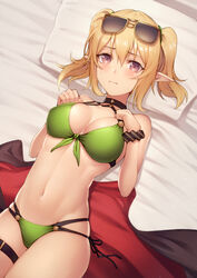  bangs banned_artist bare_shoulders bikini black_choker blush breasts chloe_(princess_connect!) choker cleavage closed_mouth coat coat_removed elf eyewear_on_head female green_bikini kyoeiki long_hair looking_at_viewer lying medium_breasts navel on_back open_clothes open_coat orange_hair pillow pointy_ears princess_connect! princess_connect!_re:dive purple_eyes sunglasses swimsuit 