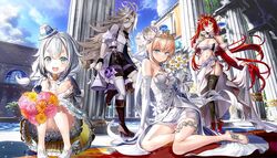  4girls alchemy_stars alternate_costume architecture arm_support black_legwear black_shorts blonde_hair bloomers blue_eyes boots bouquet braid breasts closed_mouth clothing_cutout cloud detached_collar dress elbow_gloves flower framed_breasts fujima_takuya garter_straps gloves greco-roman_architecture grey_hair hair_flower hair_ornament hat high_heel_boots high_heels holding holding_bouquet jewelry kneeling large_breasts long_hair medium_breasts medium_hair mini_hat multiple_girls navel necklace nikinis_(alchemy_stars) open_mouth outdoors pact_(alchemy_stars) pool reaching reaching_towards_viewer red_hair revy_(alchemy_stars) shorts shoulder_cutout side_ponytail sitting skirt skirt_hold smile sunlight suspenders thick_eyebrows thighhighs tiara tweety_(alchemy_stars) underboob underwear water white_dress white_footwear white_gloves white_hair white_legwear white_skirt wrist_cuffs yellow_eyes yokozuwari 