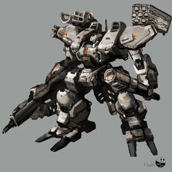  absurdres assault_visor front_mission grey_background gun highres holding holding_gun holding_weapon looking_down mace magmastudio mecha missile_pod no_humans robot science_fiction solo weapon 