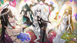  4girls absurdres ahoge alchemy_stars alternate_costume balloon bare_shoulders black_dress black_footwear black_gloves black_hair blonde_hair bouquet breasts breasts_apart brooch chair cleavage colored_inner_hair confetti crossed_legs detached_collar dress earrings elbow_gloves eyewear_on_head flower flower_wreath gloves green_eyes green_hair hair_flower hair_ornament hairband hand_in_own_hair heterochromia highres holding holding_bouquet irridon_(alchemy_stars) jewelry krin_(krinnin) large_breasts layered_dress long_dress long_hair looking_at_viewer medium_breasts migard_(alchemy_stars) multicolored_hair multiple_girls open_mouth paloma_(alchemy_stars) petals plant ponytail red_eyes scar scar_across_eye side_slit sideboob single_glove single_leg_pantyhose sitting sleeveless sleeveless_dress small_breasts smile smokey_(alchemy_stars) standing streamers sunglasses thorns throne twintails very_long_hair vines white_dress white_gloves yellow_eyes 