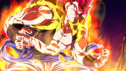  1boy abs aura blue_sash dragon_ball dragon_ball_super gogeta male_focus metamoran_vest muscular muscular_male pants pectorals red_eyes red_hair rom_(20) sash smile solo super_saiyan super_saiyan_god white_pants 