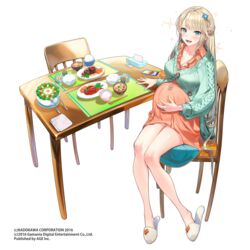  bare_legs belly blonde_hair blue_eyes blush bowl braid buttons cardigan cellphone cellphone_charm chair charm_(object) chopstick_rest chopsticks collared_dress commentary_request company_name dress female food full_body hair_ornament half_updo hand_on_own_stomach jewelry kansen_x_shoujo knees_together_feet_apart kodama_(wa-ka-me) legs long_hair long_sleeves looking_at_viewer meal meat open_mouth orange_dress partially_unbuttoned phone pregnant rice rice_bowl ring salad sandals short_dress simple_background sitting slippers smartphone smile solo soup sparkle table tissue_box very_long_hair watermark wedding_ring white_background 