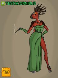  anthro antlers bottomwear cigarette classy clothing deer doe_with_antlers dress elegant elegant_dress female fur furgonomics furry-specific_piercing gloves green_bottomwear green_clothing green_dress green_gloves green_handwear green_skirt handwear holding_cigarette holding_object horn horn_piercing horn_ring_(piercing) hybrid jewelry jurassic_park jurassic_world_alive mammal necklace orange_body orange_fur orange_scales piercing ring_piercing scales scuted_arms scuted_legs scutes side_slit side_slit_clothing side_slit_dress skirt smoke smoking solo strapless_clothing strapless_dress testacornibus the_nameless_guy universal_studios 