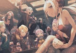  4boys 4girls ;) ;d ace_(playing_card) ace_of_hearts alcohol alternate_costume bernadetta_von_varley black_hair breasts brown_hair card caspar_von_bergliez choker cleavage cup dorothea_arnault dress drinking_glass dutch_angle edelgard_von_hresvelg ferdinand_von_aegir fire_emblem fire_emblem:_three_houses focused formal from_below gloves green_hair heart hubert_von_vestra jack_(playing_card) jack_of_hearts king_(playing_card) king_of_hearts_(playing_card) korokoro_daigorou linhardt_von_hevring looking_at_viewer multiple_boys multiple_girls one_eye_closed orange_hair pantyhose petra_macneary playing_card poker purple_hair queen_(playing_card) queen_of_hearts_(playing_card) red_dress royal_flush sideboob smile suit tattoo ten_of_hearts white_gloves white_hair wine_glass worried 