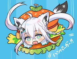  +_+ ahoge animal_ears bad_id bad_twitter_id blue_background blush burger_costume commentary_request cosplay fall_guy fall_guy_(cosplay) fall_guys falling female fox_ears fox_girl fox_tail fur_trim green_eyes hair_between_eyes hair_ornament hairclip heart heart_in_mouth hololive long_hair mashiro_miru open_mouth shirakami_fubuki sidelocks simple_background solo tail translation_request twintails virtual_youtuber white_hair 