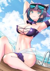  :3 absurdres animal_band arm_garter armpits arms_behind_head arms_up azur_lane beach_chair beach_umbrella bikini blue_eyes breasts bridal_garter cheshire_(azur_lane) cheshire_(summery_date!)_(azur_lane) day edoara eyewear_on_head female grey_hair highres large_breasts long_hair long_ribbon looking_at_viewer maid maid_headdress multicolored_hair navel official_alternate_costume outdoors purple_bikini sarong smile solo strapless strapless_bikini streaked_hair sunglasses swimsuit umbrella 