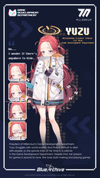  absurdres blue_archive blush character_name english_text expressions female forehead full_body grenade_launcher halo highres jacket long_hair looking_at_viewer m320 nyan_cat official_art purple_eyes red_hair school_uniform slippers solo standing trigger_discipline weapon yutokamizu yuzu_(blue_archive) 