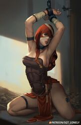  adepta_sororitas armpits arms_up barefoot blue_eyes bound bound_wrists breasts chained chains cleavage cuffs female full_body handcuffs highres hood indoors medium_breasts paid_reward_available pelvic_curtain pinup_(style) purity_seal red_hood sgt_lonely shackles sister_repentia slave solo thigh_strap warhammer_40k 