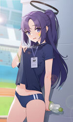  black_shirt blue_archive blue_buruma blurry blurry_background blush bottle buruma commentary_request cowboy_shot day female glint gym_shirt gym_uniform halo highres holding holding_bottle id_card korean_commentary lanyard lens_flare long_hair looking_at_viewer official_alternate_costume open_mouth outdoors pjman ponytail purple_eyes purple_hair shirt short_sleeves solo star_sticker sticker_on_face stopwatch sunlight sweat sweaty_clothes water_bottle wavy_mouth yuuka_(blue_archive) yuuka_(track)_(blue_archive) 