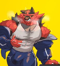  1boy anthro bulge bulge_through_clothing clothed incineroar male male_only muscular pecs_touching pokemon solo vorusuarts 