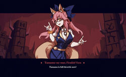  animal_ear_fluff animal_ears araimin blue_ribbon breasts commentary costume crossover dialogue_box double_fox_shadow_puppet fake_screenshot fate/extra fate_(series) female formal fox_ears fox_girl fox_shadow_puppet fox_tail glasses hair_ribbon helltaker highres large_breasts long_hair looking_at_viewer mirror nail_polish office_lady parody pink_hair ribbon semi-rimless_eyewear solo style_parody suiten_nikkou_amaterasu_yanoshisu_ishi tail tamamo_(fate) tamamo_no_mae_(fate/extra) vanripper_(style) visual_novel yellow_eyes 