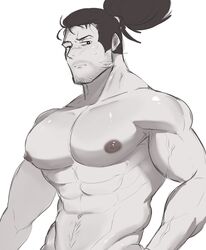  1boy bara bara_tiddies bara_tits big_chest big_pecs black_and_white dilf gigantic_chest greyscale happy_trail huge_chest huge_pecs large_pectorals league_of_legends male male_only manboobs massive_pecs moobs pecs pocket_t9 solo solo_focus solo_male unclothed yasuo 