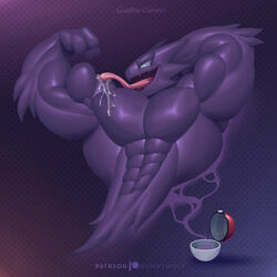  1:1 abs anthro anthrofied biceps flexing generation_1_pokemon ghost haunter hi_res licking looking_at_viewer male muscular muscular_anthro muscular_male nintendo pecs pokeball pokemon pokemon_(species) pokemorph purple_body solo spirit standard_pokeball teeth tongue tongue_out wolfiecanem 