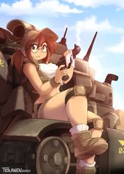  artist_name bare_shoulders baseball_cap belt black-framed_eyewear blue_sky breasts brown_eyes brown_footwear brown_hair brown_hat brown_shorts brown_vest cleaning_gun cloud commentary crop_top dated day english_commentary female fio_germi glasses gun hair_between_eyes handgun hat highres holding holding_gun holding_weapon knee_pads leg_up legs looking_at_viewer medium_breasts metal_slug midriff military military_vehicle motor_vehicle open_clothes open_mouth open_vest outdoors ponytail revolver round_eyewear shirt shoes short_shorts shorts sidelocks sideways_mouth signature sky sleeveless sleeveless_shirt smoke smoking_barrel socks solo sv001_(metal_slug) tank teranen vest watermark weapon white_shirt white_socks wristband 