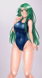  alternate_costume ass_visible_through_thighs bare_shoulders blue_one-piece_swimsuit breasts cecilia_(fire_emblem) cleavage collarbone covered_navel cowboy_shot female fire_emblem fire_emblem:_the_binding_blade fire_emblem_heroes green_eyes green_hair grey_background groin hazuki_(nyorosuke) highres large_breasts legs light_smile long_hair looking_at_viewer one-piece_swimsuit simple_background smile solo swimsuit thighs 