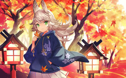  alternate_costume animal_ears architecture autumn autumn_leaves azur_lane blue_hoodie casual commentary east_asian_architecture female floral_print green_eyes holding holding_leaf hood hoodie kitakaze_(azur_lane) leaf light_brown_hair looking_at_viewer miniskirt outdoors pleated_skirt skirt solo white_skirt wide_sleeves yoshimo_(yoshimo1516) 