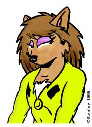  1995 anthro artist_name black_nose bodysuit bowman&#039;s_wolf brown_body brown_fur brown_hair canid canine canis clothed clothing eyeshadow female florence_ambrose freefall_(webcomic) front_view fully_clothed fur hair half-length_portrait looking_at_viewer low_res makeup mammal mark_stanley multicolored_body multicolored_fur narrowed_eyes portrait purple_eyeshadow red_wolf simple_background skinsuit solo tight_clothing traditional_media_(artwork) two_tone_body two_tone_fur white_background white_body white_fur wolf yellow_clothing 