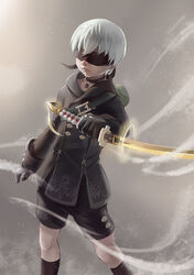  1boy 9s_(nier:automata) absurdres black_blindfold black_gloves black_legwear blindfold covered_eyes english_commentary gloves highres holding holding_weapon machine_(nier) male_focus nier:automata nier_(series) short_hair shorts solo sword weapon whinghope 