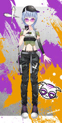  bare_shoulders baseball_cap belt black_footwear black_hat black_pants black_sleeves blue_hair blunt_bangs braid busou_kanojo cellphone checkered commentary_request detached_sleeves dokkaebi_(rainbow_six_siege) eyebrows_hidden_by_hair female full_body green_shirt hair_over_shoulder hat highres holding holding_phone horns long_sleeves low_twintails myusha nail_polish navel nenemaru_(busou_kanojo) off-shoulder_shirt off_shoulder paint_splatter pants phone purple-tinted_eyewear purple_eyes purple_nails rainbow_six_siege round_eyewear shirt shoes signature single_horn solo standing sunglasses tinted_eyewear twin_braids twintails virtual_youtuber 