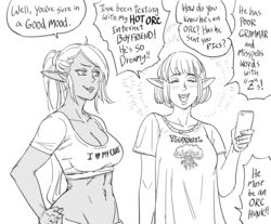  2girls :d bad_id bb_(baalbuddy) bob_cut breasts cellphone cleavage clothes_writing commentary crop_top cropped_shirt dark-skinned_female dark_elf dark_skin elf english_commentary english_text greyscale happy highres holding holding_phone inactive_account large_breasts long_hair medium_hair midriff monochrome multiple_girls navel open_mouth original phone pointy_ears ponytail short_sleeves simple_background smartphone smile stomach toned white_background yggdrasil 